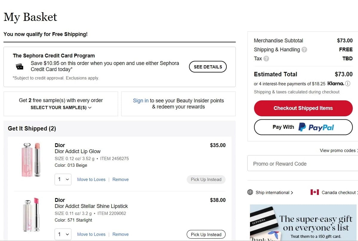 sephora shopify cart page